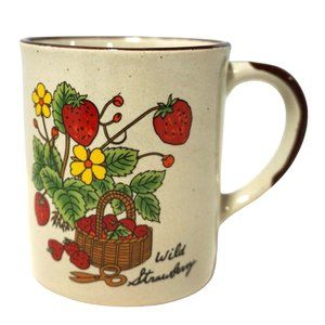 Simple Cottagecore Style Light Brown Mug with Painted Wild Strawberry Design